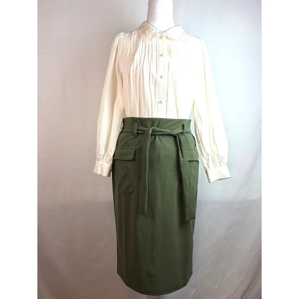 NY Collection Olive Green Petite Slim Belted Scuba Crepe Cargo Skirt Medium Chic